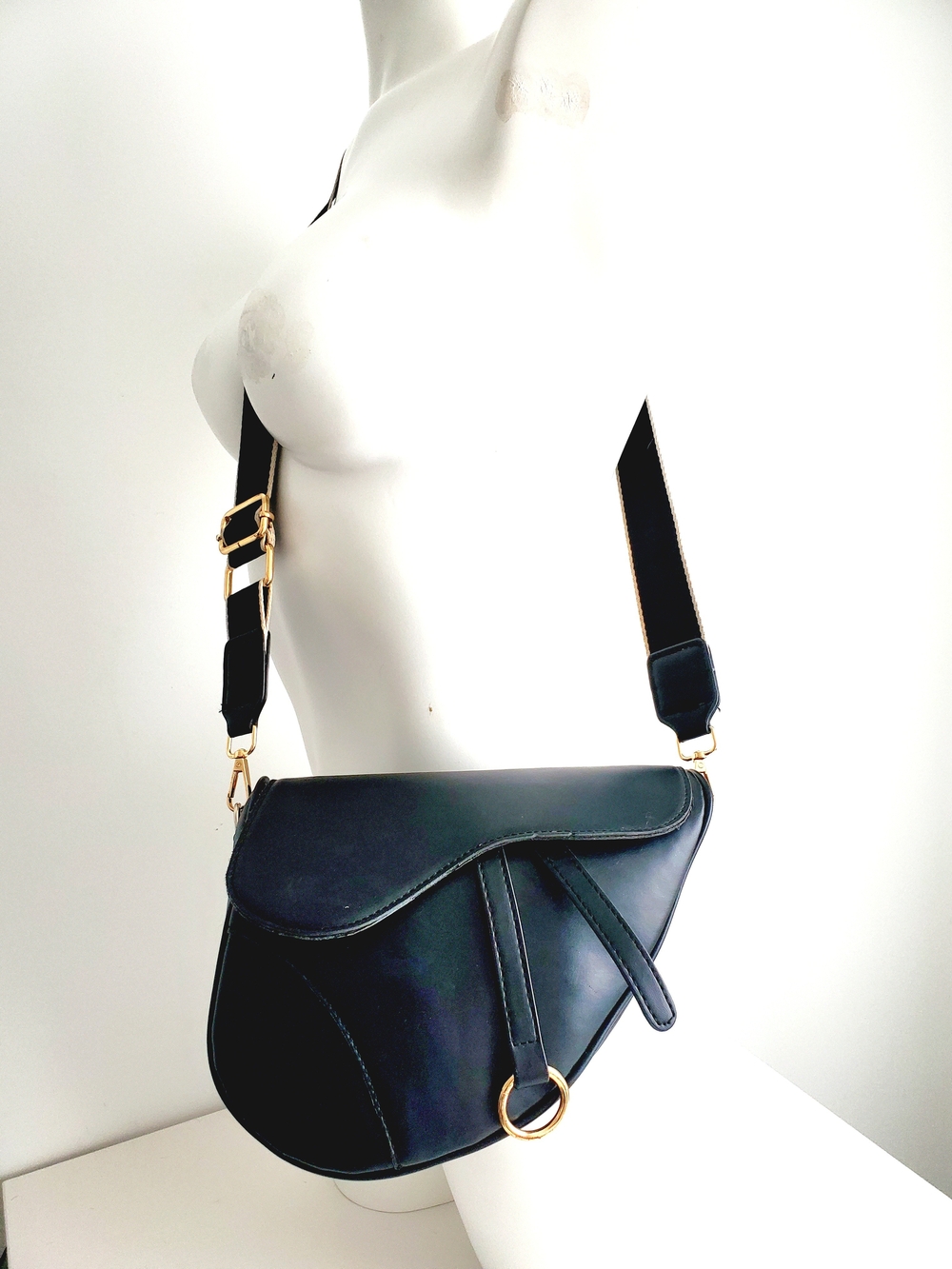 Classic Black Saddle Crossbody Bag with Gold Hardware